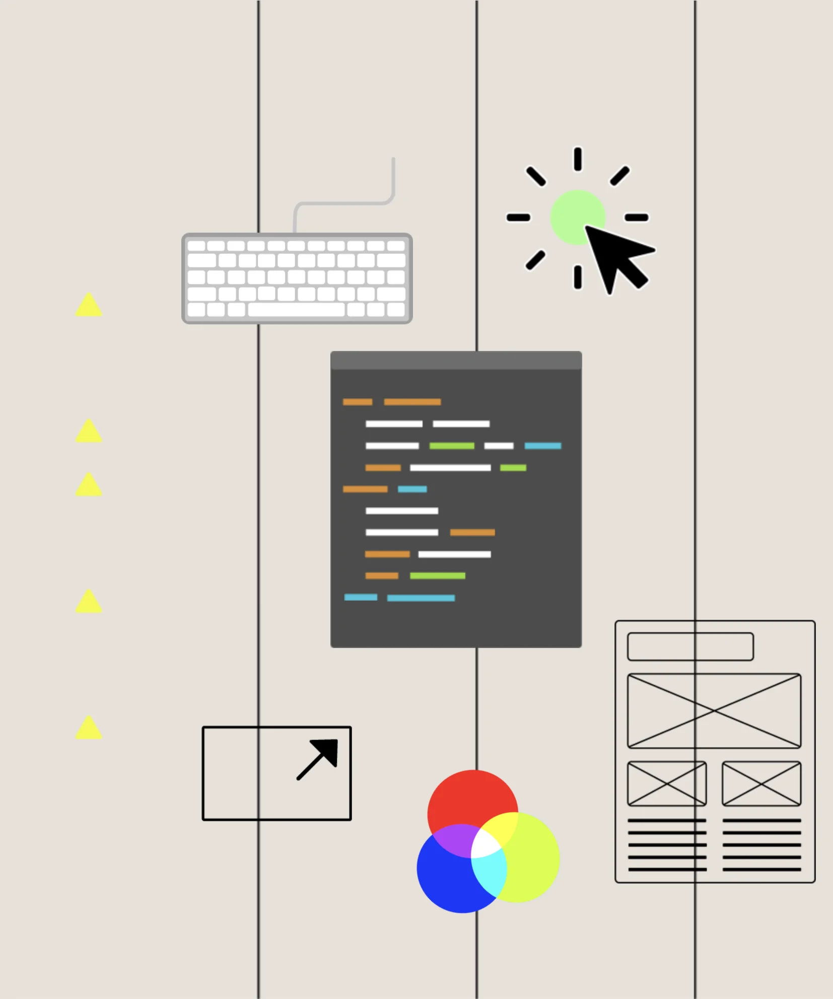 Illustrazione di strumenti per il web: tastiera, codice, struttura di una pagina, cursore e cerchi di colore